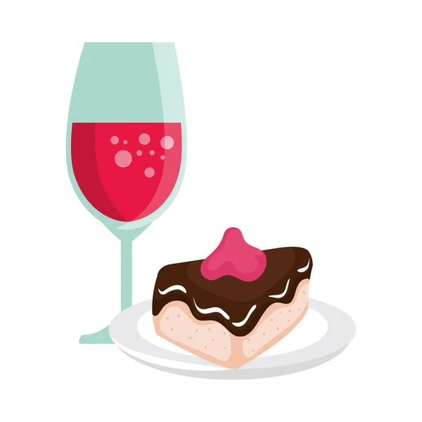 Cup glass champagne with cake slice isolated icon — Stok Vektör