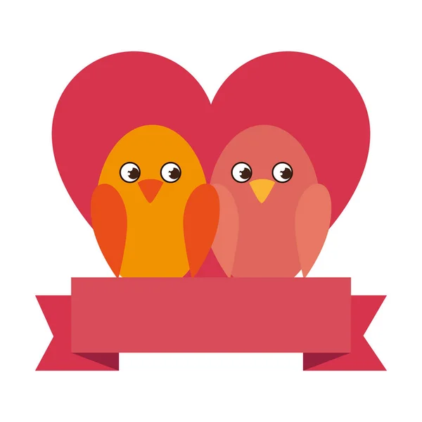 Cute birds with heart and ribbon — 스톡 벡터