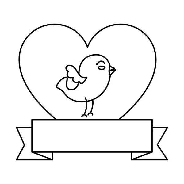 Pássaro bonito com coração e fita — Vetor de Stock