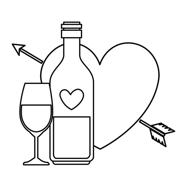 Glas met fles champagne en hart geïsoleerde icoon — Stockvector