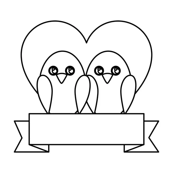 Cute birds with heart and ribbon — Stock Vector