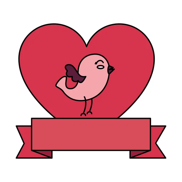 Cute bird with heart and ribbon — Stok Vektör