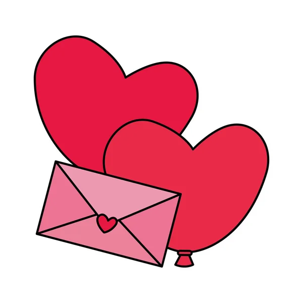 Envelope with balloons helium in heart shape — Stok Vektör