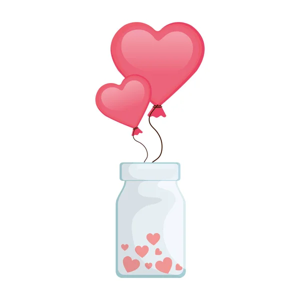 Balões de hélio em forma de coração com garrafa — Vetor de Stock