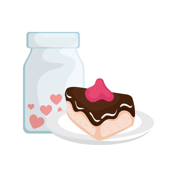 Tranche de gâteau et bouteille avec des coeurs — Image vectorielle