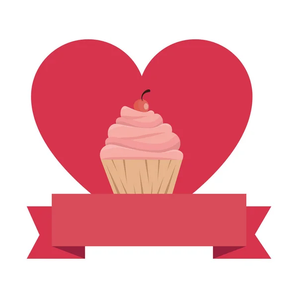 Delicious cupcake with heart and ribbon — Stock Vector