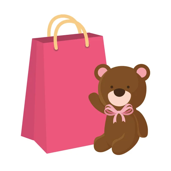 Niedlichen Teddybär mit Tasche einkaufen isoliert Symbol — Stockvektor