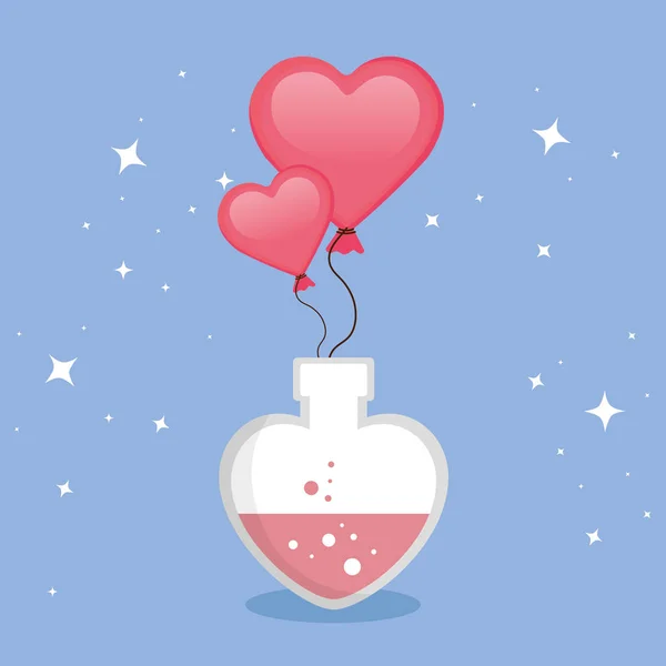 Fragancia con botella de corazón y globos helio — Vector de stock