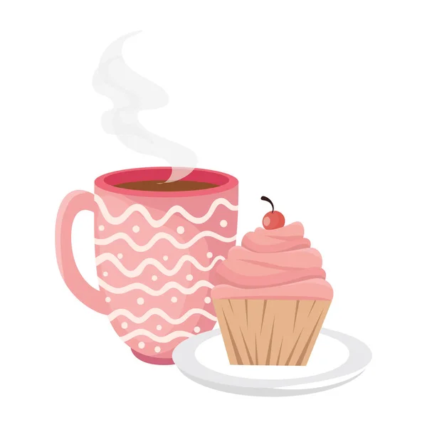 Deliziosa icona cupcake e tazza di caffè isolato — Vettoriale Stock