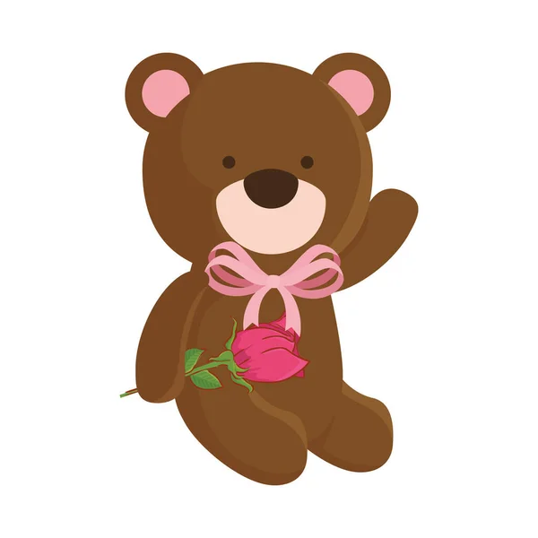 Carino orsacchiotto con icona fiore di rosa isolato — Vettoriale Stock