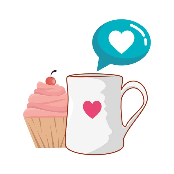 Delicioso cupcake con copa de bebida y burbuja de habla — Vector de stock