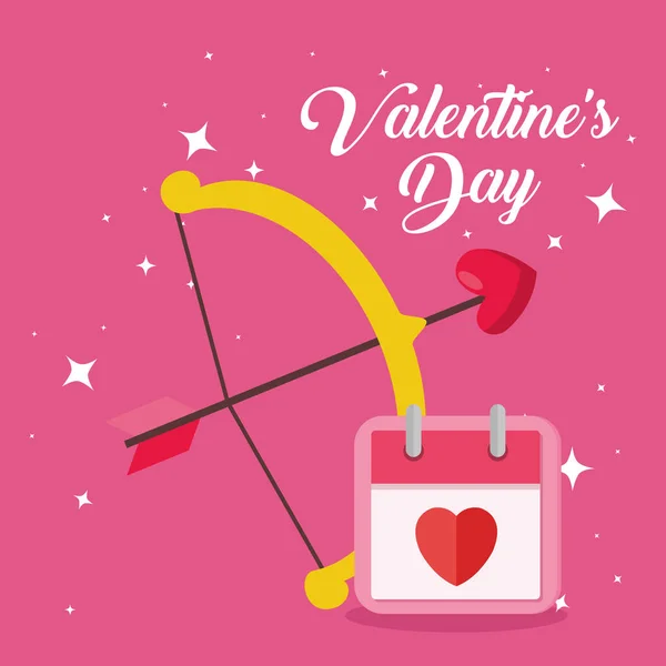 Šťastný Valentýn přání s obloukem Amor a kalendář — Stockový vektor