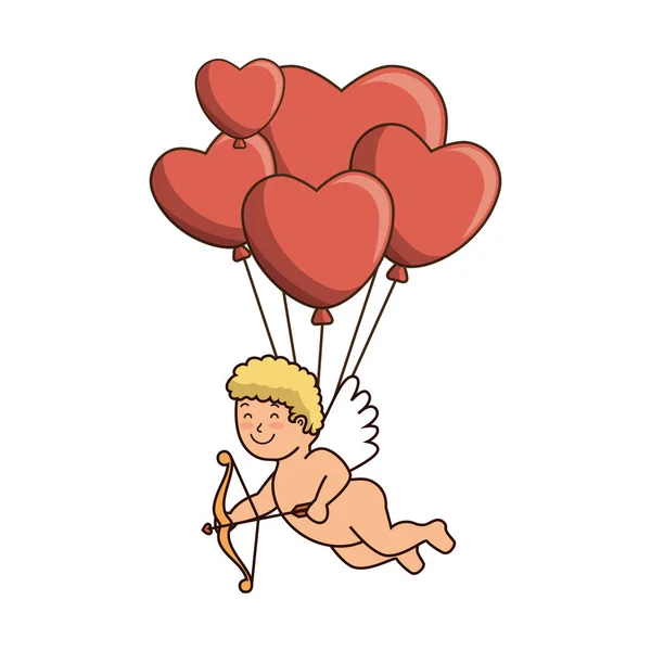 Cupidon avec ballons hélium en forme de coeur — Image vectorielle