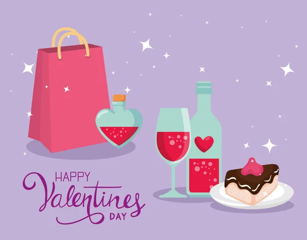 Gelukkige Valentijnsdag kaart met tas winkelen en pictogrammen — Stockvector