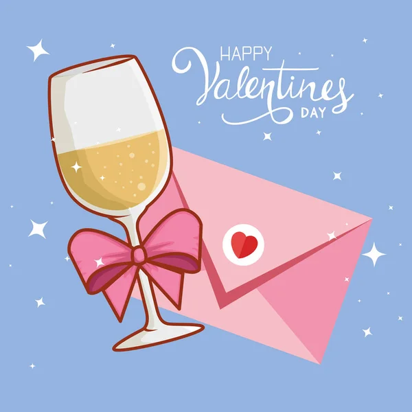 Happy valentines day card with envelope and cup drink — Stock Vector