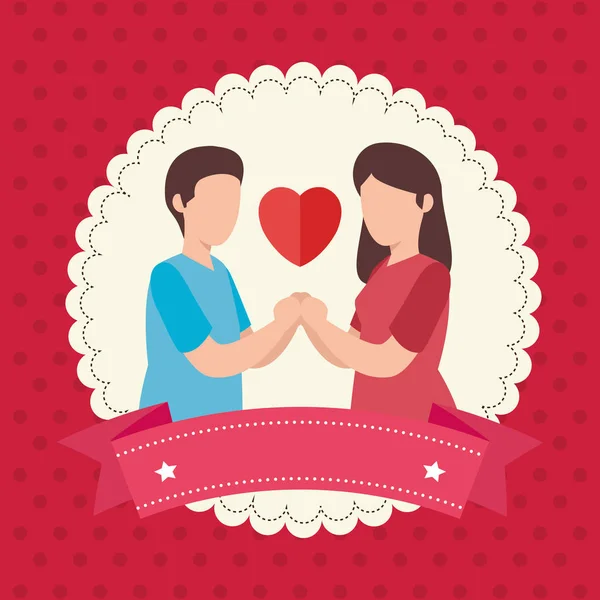 Paar met hart en lint geïsoleerd icoon — Stockvector