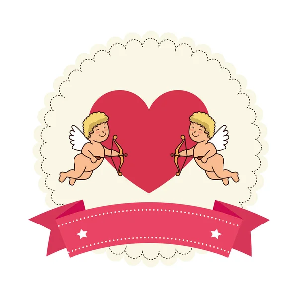 Cupids with heart and ribbon isolated icon — 스톡 벡터