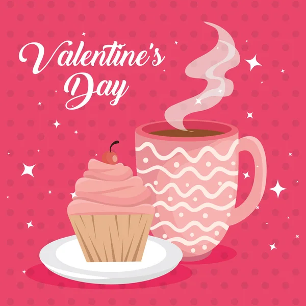 Happy Valentines Tageskarte mit Cupcake und Tasse Kaffee — Stockvektor