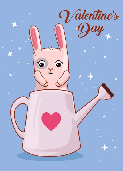 情人节快乐卡片可爱的兔子在洒水花园 — 图库矢量图片
