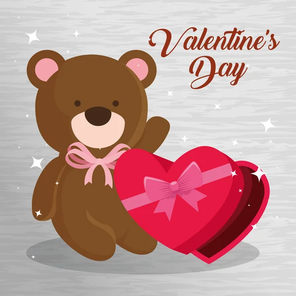 Открытка на день Святого Валентина с медведем и подарочной коробкой — стоковый вектор