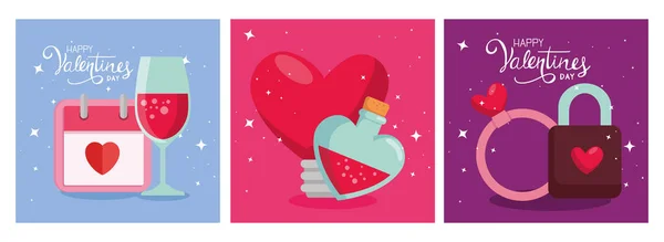 Juego de tarjetas de día feliz de San Valentín con decoración — Vector de stock