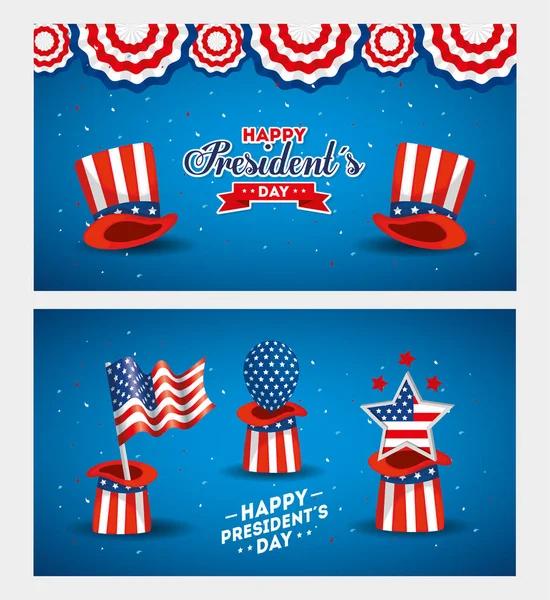 Kalap zászló léggömb és csillag USA boldog elnökök nap vektor tervezés — Stock Vector
