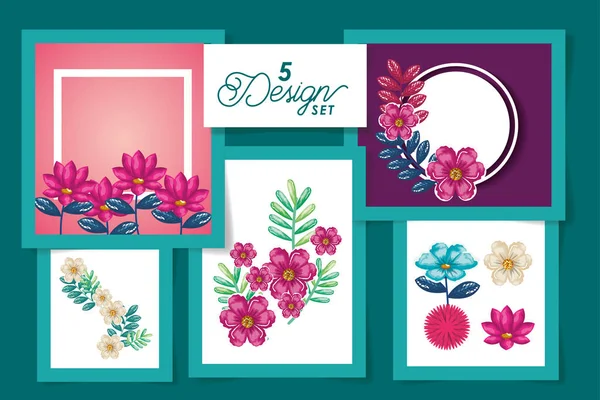 Five tropical summer flowers and leaves designs — 스톡 벡터