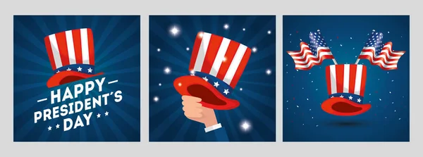 Hut und Fahnen der USA glückliche Präsidenten Tag Vektor-Design — Stockvektor