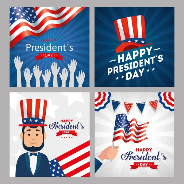 Hombre avatar sombrero de dibujos animados bandera y las manos de EE.UU. feliz presidente día vector de diseño — Archivo Imágenes Vectoriales