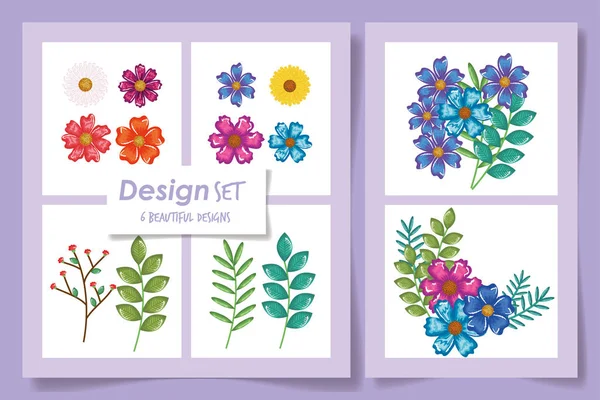 Spring flowers and leaves set vector design — Stock Vector