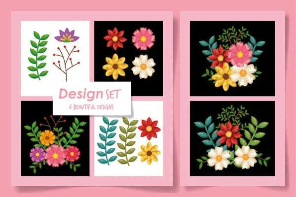 Seis diseños de flores y hojas naturales — Archivo Imágenes Vectoriales
