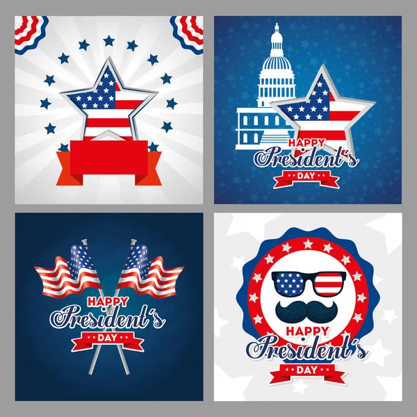 Star capitol gafas de bandera y bigote de EE.UU. feliz presidente día vector de diseño — Vector de stock