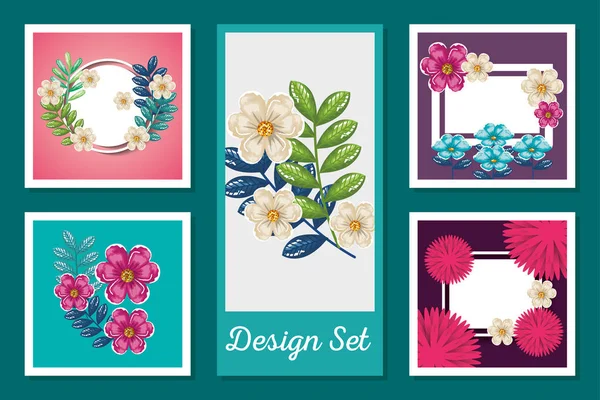 Tropical summer flowers and leaves set vector design — Stok Vektör