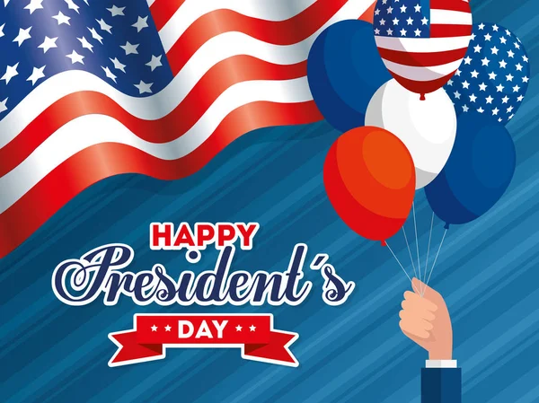 Mão com balões de EUA feliz presidentes projeto vetor dia —  Vetores de Stock