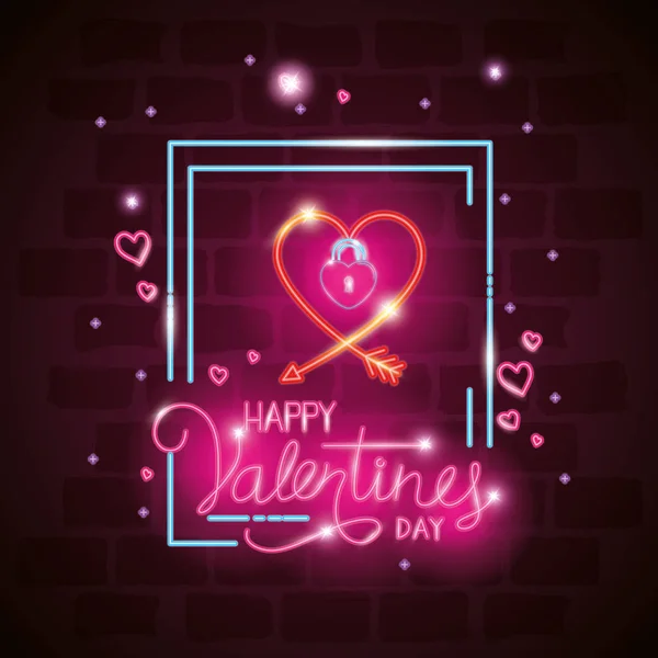 Glücklicher Valentinstag Etikett im Neonlicht, Symbole Valentinstag — Stockvektor