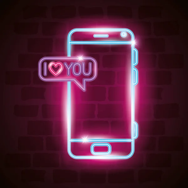 Smartphone med pratbubbla i neonljus, Alla hjärtans dag — Stock vektor