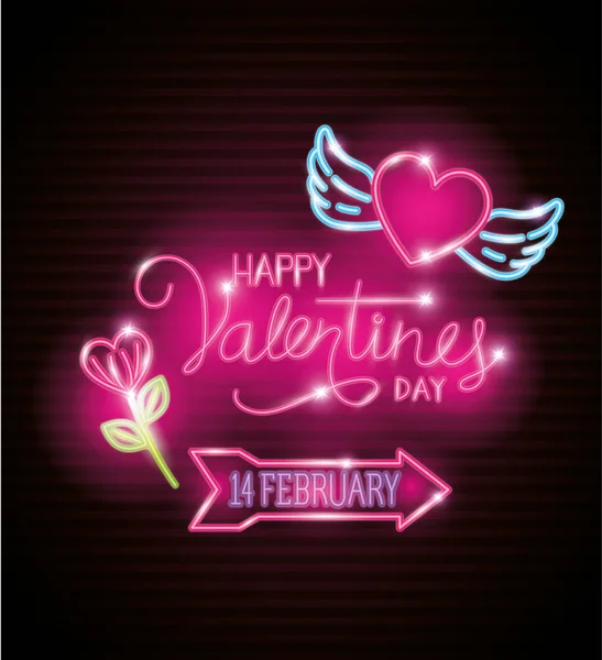 Happy valentines day label in neon light, icons valentine day — 스톡 벡터