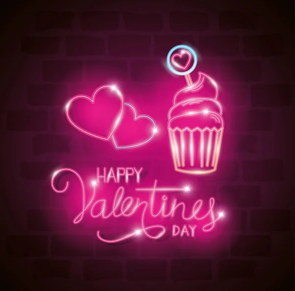 Fericit Valentine zi eticheta în lumina neon, Valentine zi — Vector de stoc