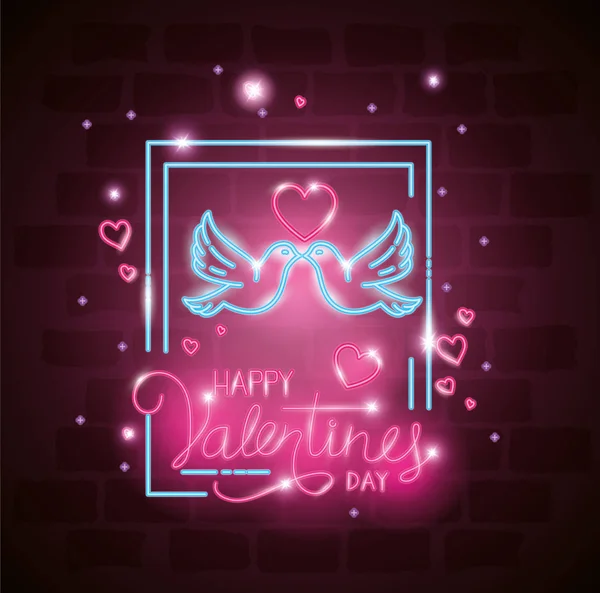 Happy valentines day label in neon light, icons valentine day — Stockový vektor