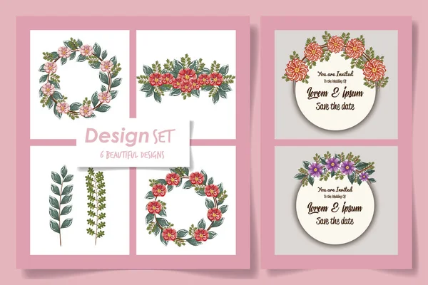 Шість дизайнів весняних квітів і листя на рожевому фоні — стоковий вектор