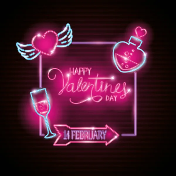 Feliz día de San Valentín etiqueta en luz de neón, iconos día de San Valentín — Vector de stock
