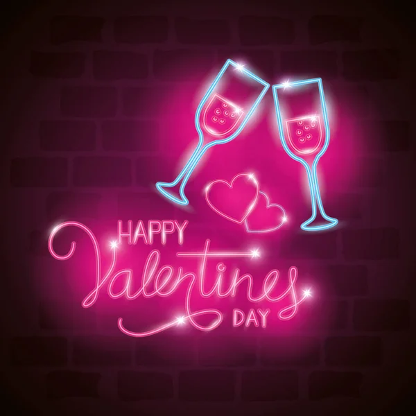 Happy valentines day label in neon light, icons valentine day — Stock Vector