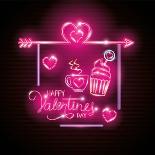 Szczęśliwy Walentynki etykieta w neon światła, ikony Walentynki — Wektor stockowy