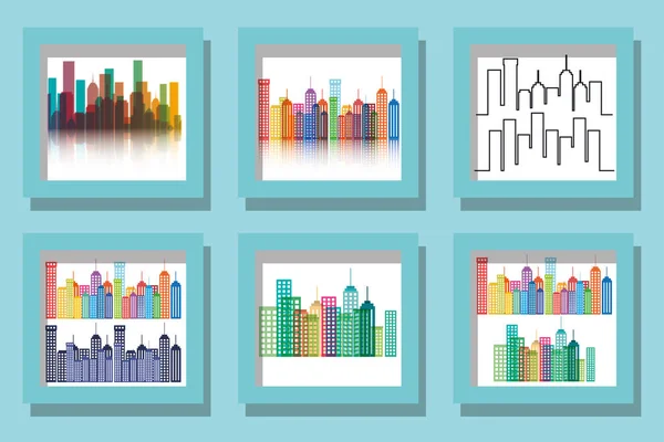 City buildings set inside frames vector design — Stock Vector