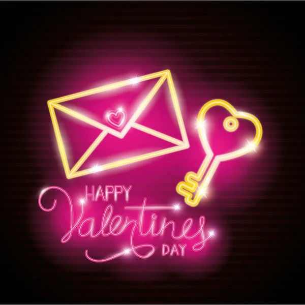 Happy valentines day label in neon light, icons valentine day — 스톡 벡터