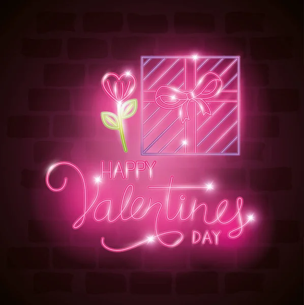 Happy valentines day label in neon light, icons valentine day — Stockový vektor