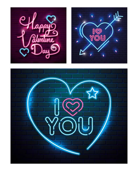 Ensemble de lettrage de lumière au néon pour la Saint Valentin — Image vectorielle