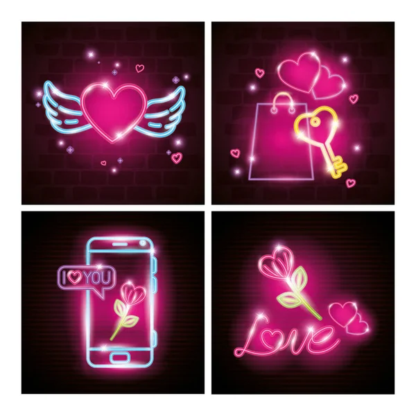 Valentijnskaarten in neon licht, Valentijnsdag — Stockvector