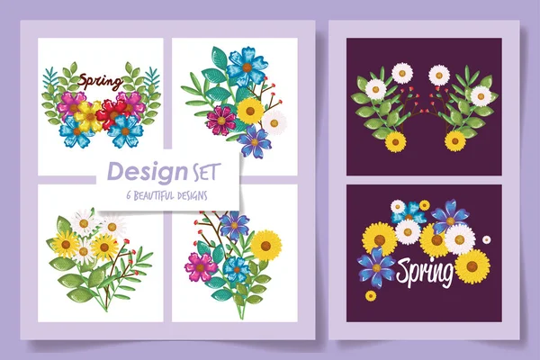 Primavera fiori e foglie set disegno vettoriale — Vettoriale Stock