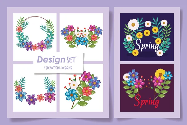 Flores y hojas de primavera conjunto vector de diseño — Vector de stock
